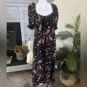 CCX Black Peasant Dress with Colorful Floral Accents Size 14